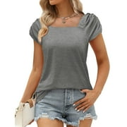 Sakmal Ladies Tops Gray Short Sleeve Solid Puff Sleeves Square Neckline Blouses Womens Shirts for Summer
