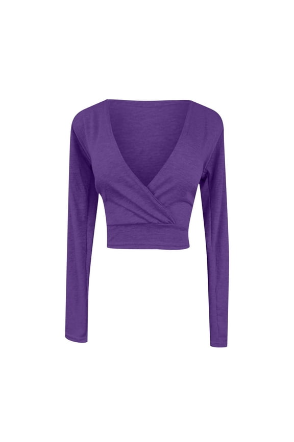 Ladies Tops Long Sleeve Purple Cropped V-Neck Solid T-Shirts Womens T Shirts