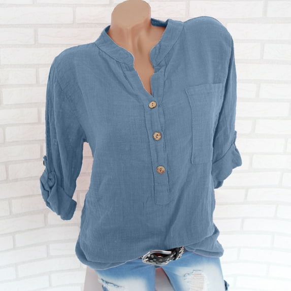 Sakmal Ladies Tops Short Sleeve Blue Solid Collared Button Pocket Blouses Ladies Shirts