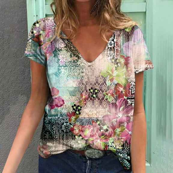 Sakmal Ladies Tops Short Sleeve V-Neck Graphic T-Shirts T Shirts for Women