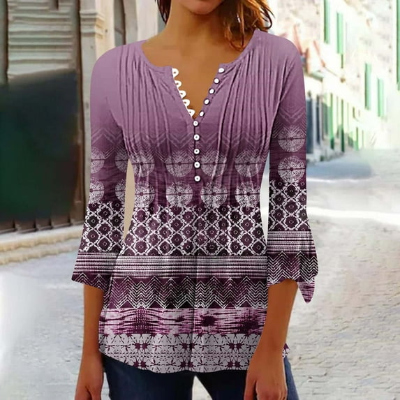 Sakmal Ladies Tops Under $10 3/4 Sleeve Pink Button V-Neck Floral Tunic Womens Shirts for Summer