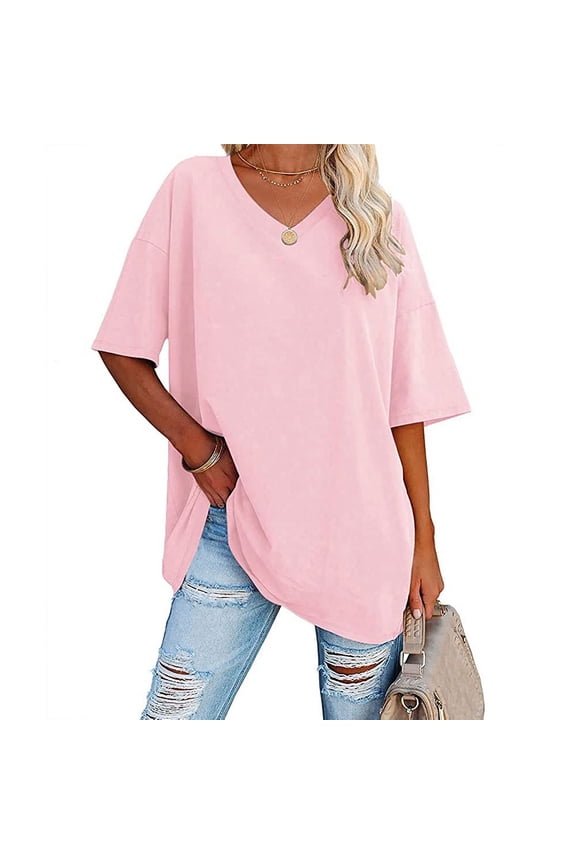 Ladies Tops Under $10 Elbow-Length Pink V-Neck Solid Blouses Ladies Shirts and Tops