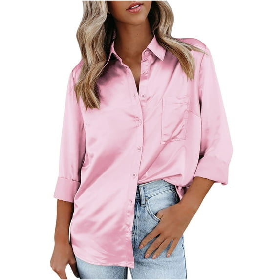 Sakmal Ladies Tops Under $10 Long Sleeve Solid Pocket Collared Button Tunic Plus Size Ladies Shirts