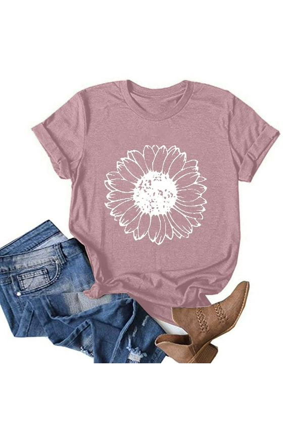 Ladies Tops Under $10 Pink Short Sleeve Floral Crew Neck T-Shirts Womens Shirts Plus Size