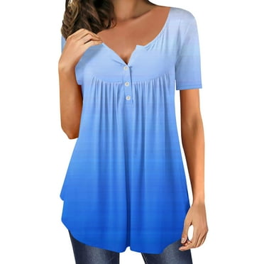 Sakmal Ladies Tops Clearance Under $10 Short Sleeve Blue Floral Pleated V-Neck Tunic Womens Shirts Clearance