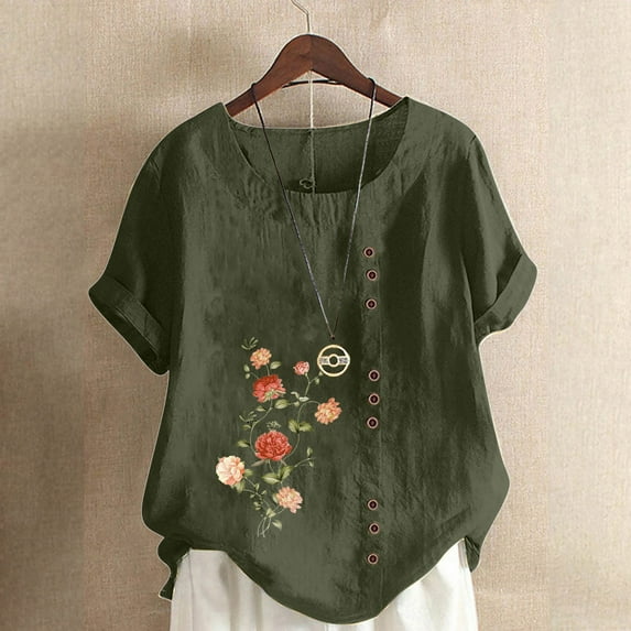 Sakmal Ladies Tops Under $10 Short Sleeve Button Crew Neck Floral Cotton Linen T-Shirts Womens Shirts