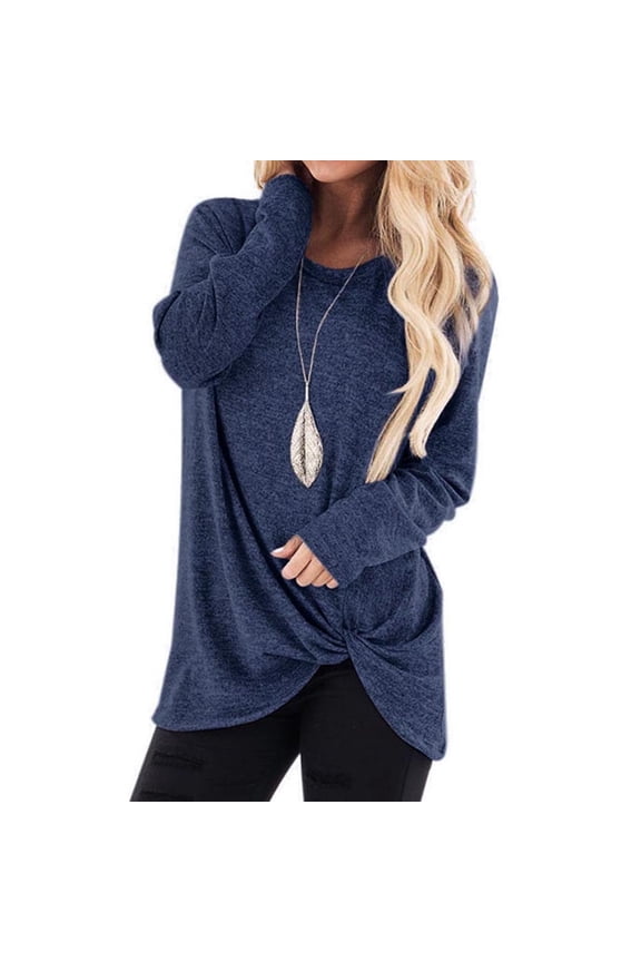 Ladies Tops Under $5 Long Sleeve Blue Crew Neck Solid Tunic Plus Size Ladies Shirts