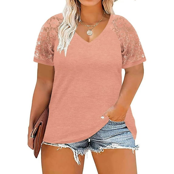 Sakmal Ladies Tops Clearance Under $5 Short Sleeve Solid V-Neck Lace T-Shirts Womens Shirts Clearance