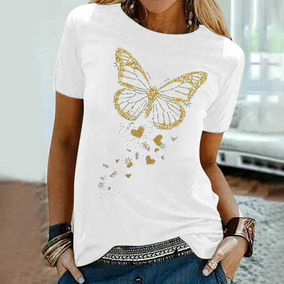 Sakmal Ladies Tops White Short Sleeve Graphic Butterfly Crew Neck T-Shirts Ladies Shirts