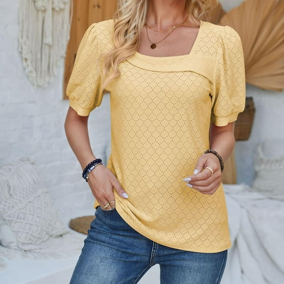 Sakmal Ladies Tops Yellow Short Sleeve Solid Scoop Neck Puff Sleeves T-Shirts Womens Shirts