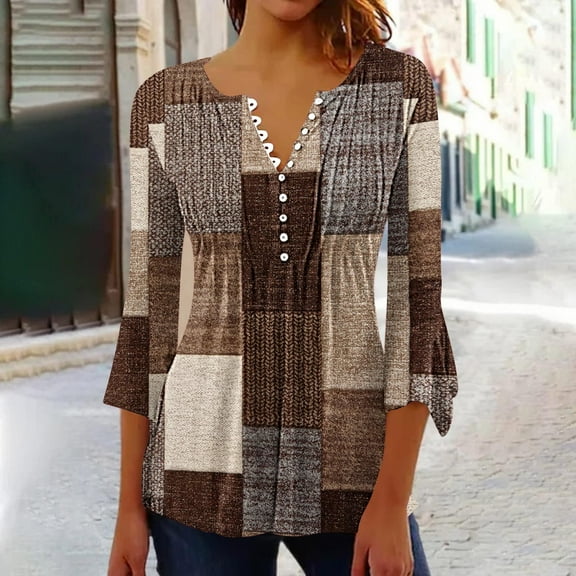 Sakmal Ladies Tops Plus Size 3/4 Sleeve Slim Floral Bell Sleeves V-Neck Tunic Womens Shirts