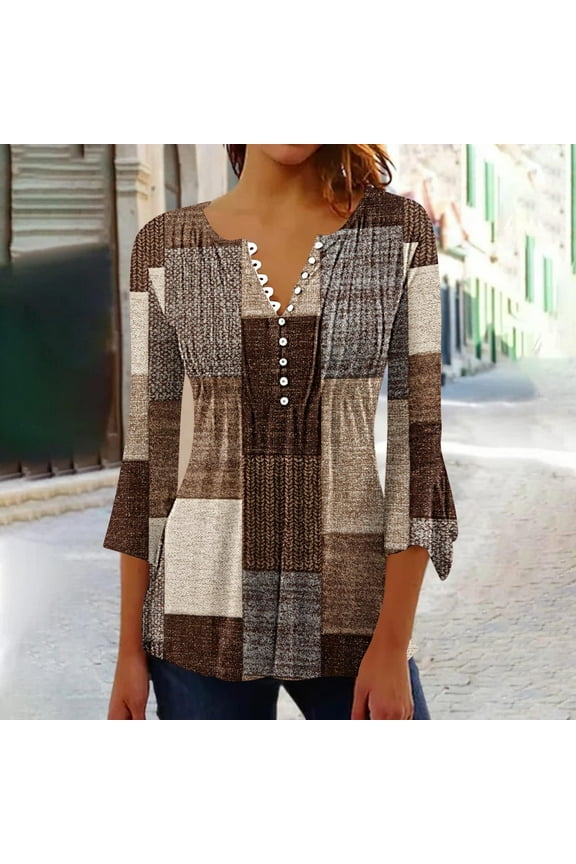 Ladies Tops Plus Size 3/4 Sleeve Slim Floral Bell Sleeves V-Neck Tunic Womens Shirts