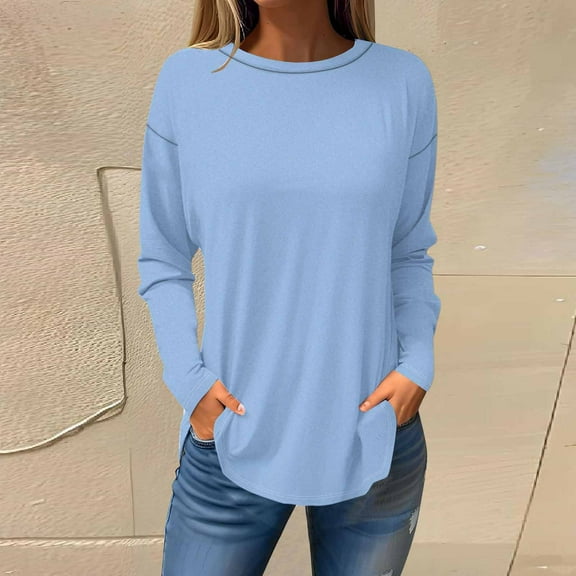 Sakmal Ladies Tops Plus Size Long Sleeve Blue Crew Neck Solid Tunic Womens Shirts