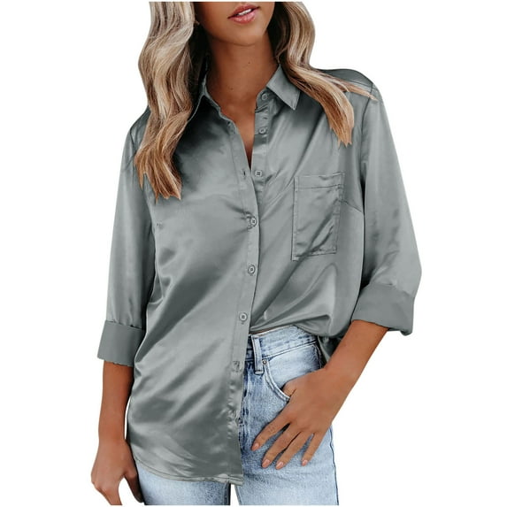 Sakmal Ladies Tops Plus Size Long Sleeve Collared Button Pocket Solid Tunic Womens T Shirts