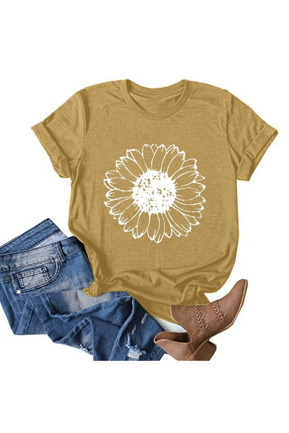Ladies Tops Plus Size Short Sleeve Brown Crew Neck Floral T-Shirts Essentials Women'S