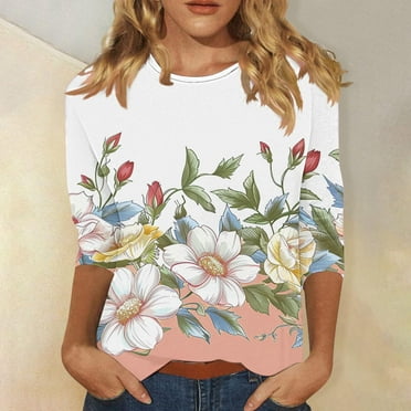 Sakmal Ladies Tops Plus Size White 3/4 Sleeve Floral Flower Crew Neck T-Shirts Womens Shirts Plus Size