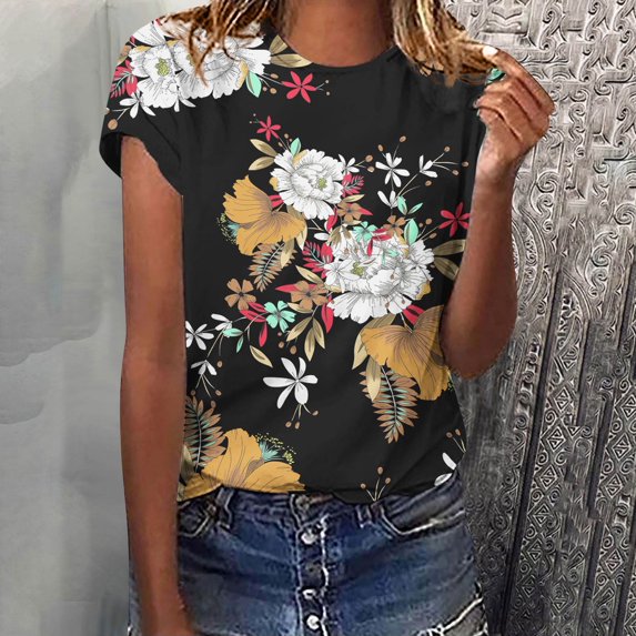 Sakmal Ladies Tops Under $5 Short Sleeve Black Crew Neck Floral T-Shirts Womens Shirts,M