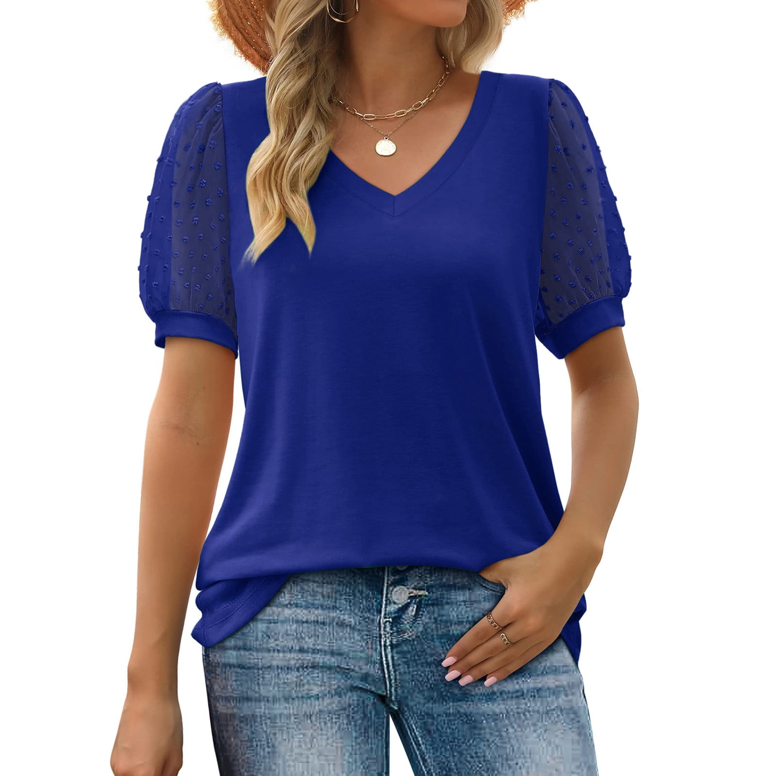 Sakmal Ladies Tops and Blouses Blue Short Sleeve Solid V-Neck Puff ...