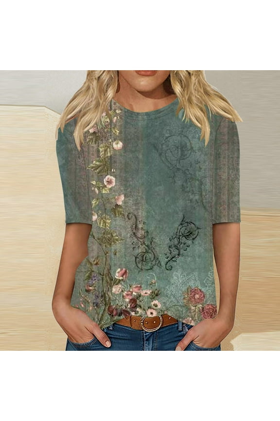 Ladies Tops and Blouses Elbow-Length Crew Neck Graphic T-Shirts Womens Shirts for Summer