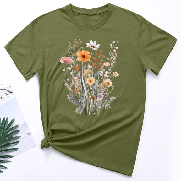 Sakmal Ladies Tops and Blouses Green Short Sleeve Crew Neck Graphic Flower T-Shirts Womens Shirts