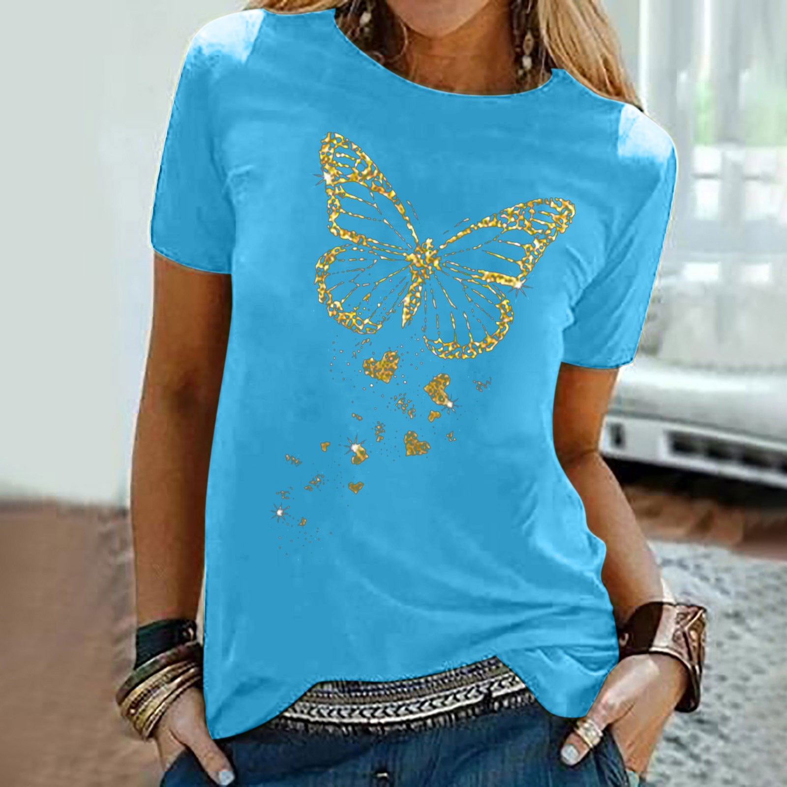 Green And Blue Butterfly Print Women's Golf Shirts main image 1