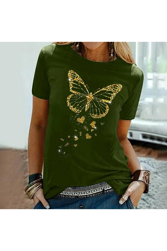 Ladies Tops and Blouses Short Sleeve Butterfly Graphic Crew Neck T-Shirts Womens Shirts