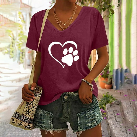 Sakmal Ladies Tops and Blouses Short Sleeve Red V-Neck Graphic T-Shirts Plus Size Ladies Shirts