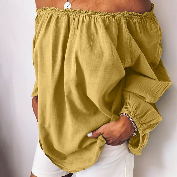 Sakmal Ladies Tops and Blouses Yellow Long Sleeve Solid Cotton and Linen Off-The-Shoulder Halter Blouses Essentials Women'S