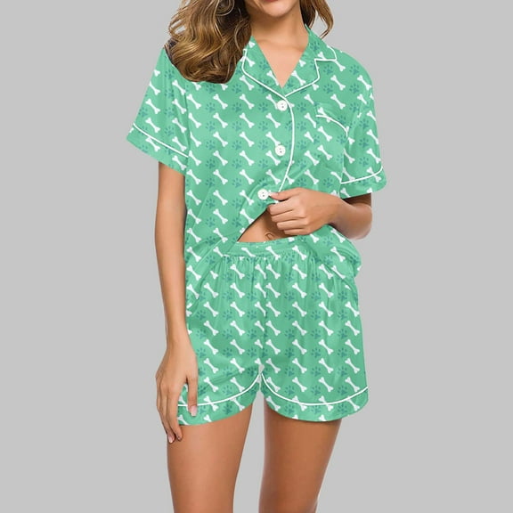 Sakmal Ladies Valentine's Day Pajamas Sets Button Up Lightweight Short Sleeve Shirt with Shorts Soft Housewear Green Collared Womens Pajama Set L