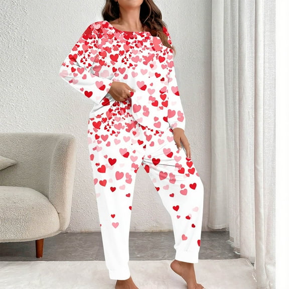 Sakmal Ladies Valentine's Day Pajamas Sets Summer Plus Size Long Sleeve Shirt with Pants Heart Print Loungewear White Crew Neck Womens Lounge Set XXL