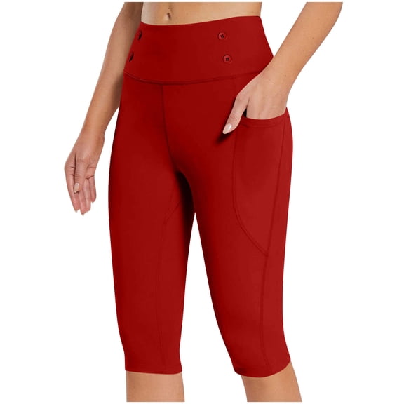 Sakmal Leggings Women Soft Mid Rise Compression Red Yoga Pants Solid Short Workout Leggings with Pockets