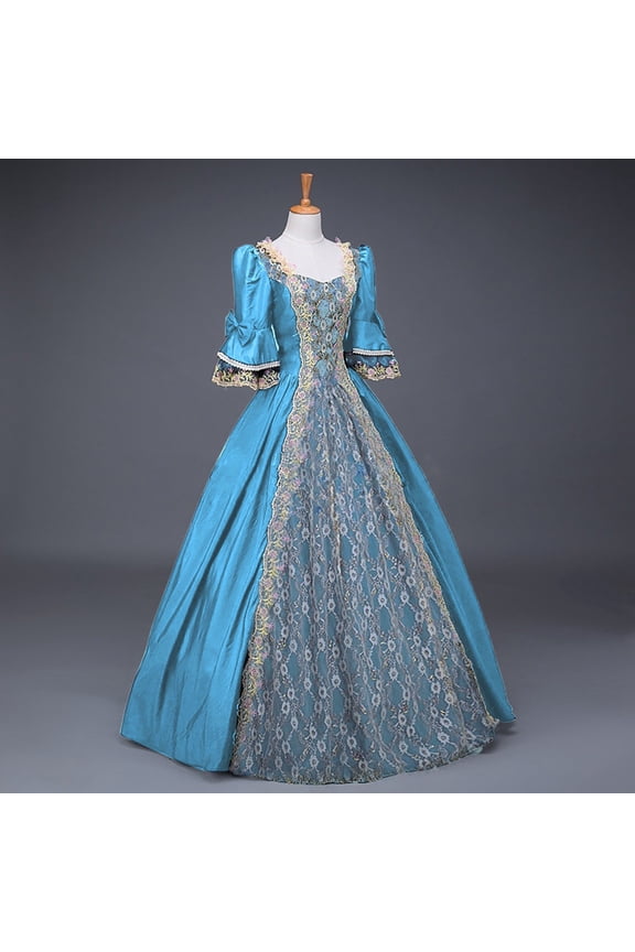 Light Blue Women Dresses Long Petticoat Dresses Elbow-Length Lace Patchwork Gothic Princess Ladies Dresses