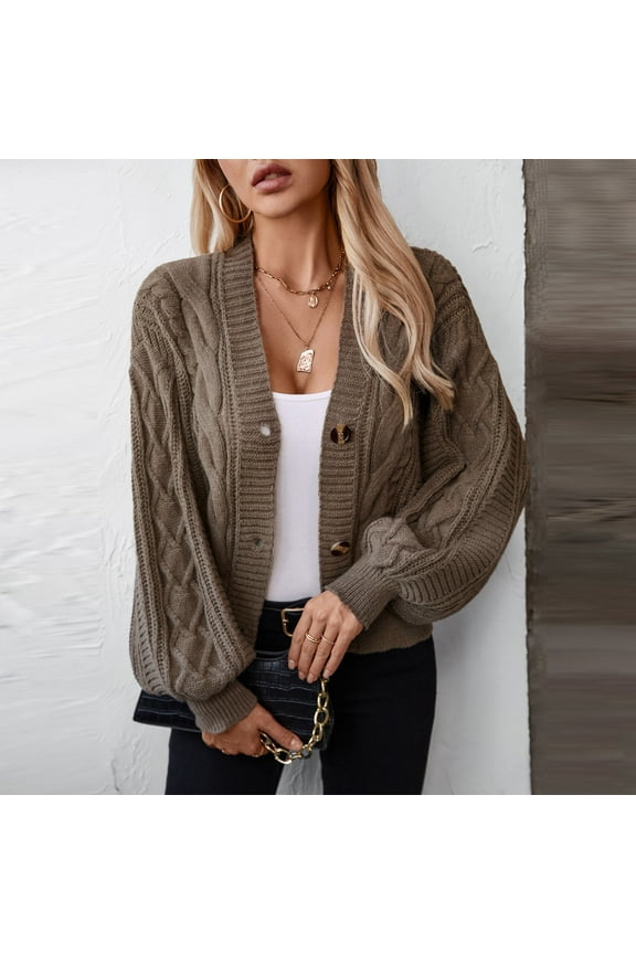 Lightweight Cardigan Sweaters Womens Knitted Button Down Cropped Cardigan Brown Long Sleeve Sweater Top
