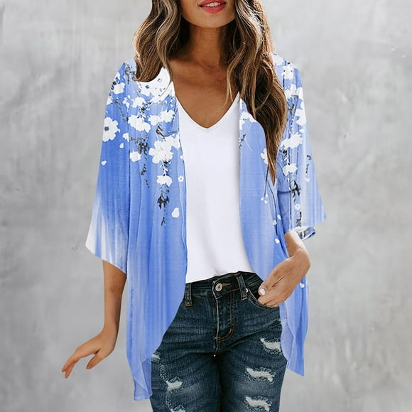Sakmal Lightweight Clearance Coats for Women Blue Elbow-Length Cover-Up Cardigan Floral Chiffon Loose Fit Jacket for Ladies