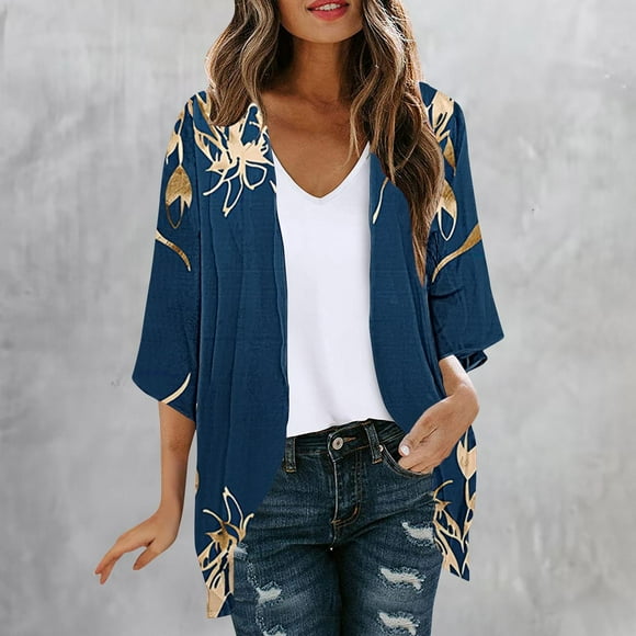 Sakmal Lightweight Clearance Coats for Women Casual Blue Elbow-Length Loose Fit Floral Chiffon Cardigan Flowy Jackets for Women Clearance