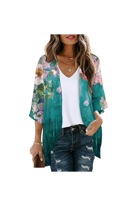 Lightweight Coats for Women Cover-Up Green Elbow-Length Floral Cardigan Flowy Comfy Chiffon Ladies Jackets
