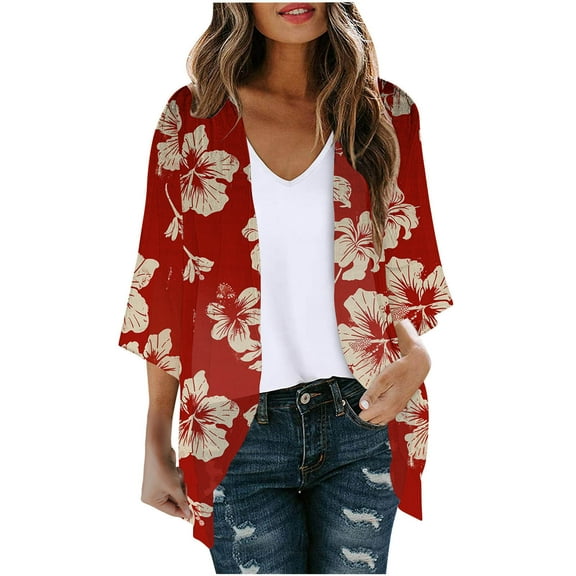Sakmal Lightweight Coats for Women Plus Size Long Sleeve Sleeve Red Casual Floral Loose Fit Chiffon Cardigan Flowy Jackets for Women Plus Size
