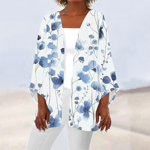 Sakmal Lightweight Coats for Women Plus Size White Casual Long Sleeve Sleeve Cardigan Flowy Floral Loose Fit Jackets for Girls