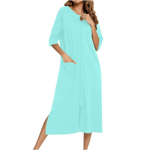 Sakmal Lightweight Moo Moos for Women Blue Long Full Zip House Dress Solid Long Sleeve Nightgowns with Pockets