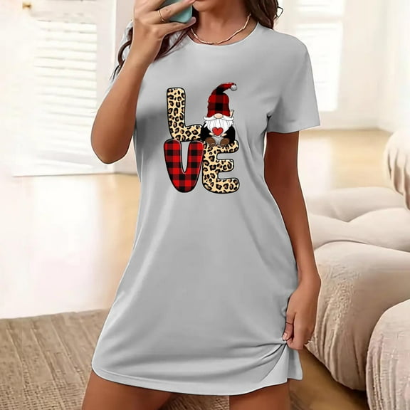 Sakmal Lightweight Moomoo Nightgowns for Women Breathable Gray Oversized Moomoo Dress Short Sleeve Graphic Short Crew Neck Nightgowns S-2XL