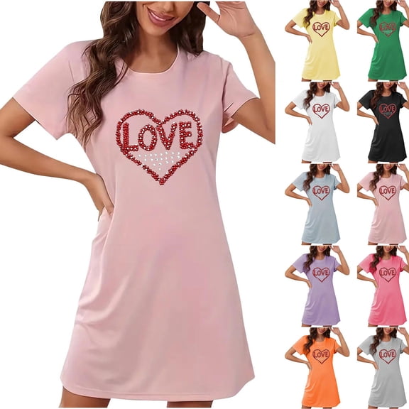 Sakmal Lightweight Moomoo Womens Nightgowns Love Short Sleeve Valentines House Dress Heart Print Short Womens Nightgown L