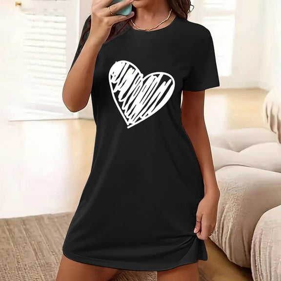 Sakmal Lightweight Mumu Nightgowns for Women Black Loose Comfy Sleepwear Heart Print Crew Neck Short Sleeve Short Nightgowns S-2XL