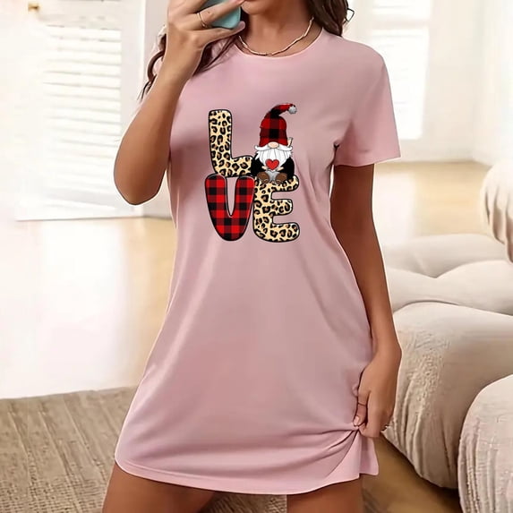 Sakmal Lightweight Mumu Nightgowns for Women Playful Oversized Pink Nightshirt Graphic Crew Neck Short Short Sleeve Nightgowns S-2XL
