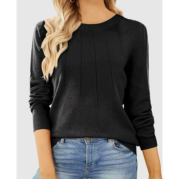 Sakmal Lightweight Sweaters for Women Black Pullover Tops Solid Crew Neck Casual Long Sleeve Sweaters for Women