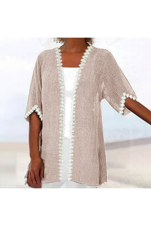 Lightweight Winter Coats for Women Plus Size Cover-Up Beige Elbow-Length Solid Cardigan Loose Fit Lace Womens Jacket