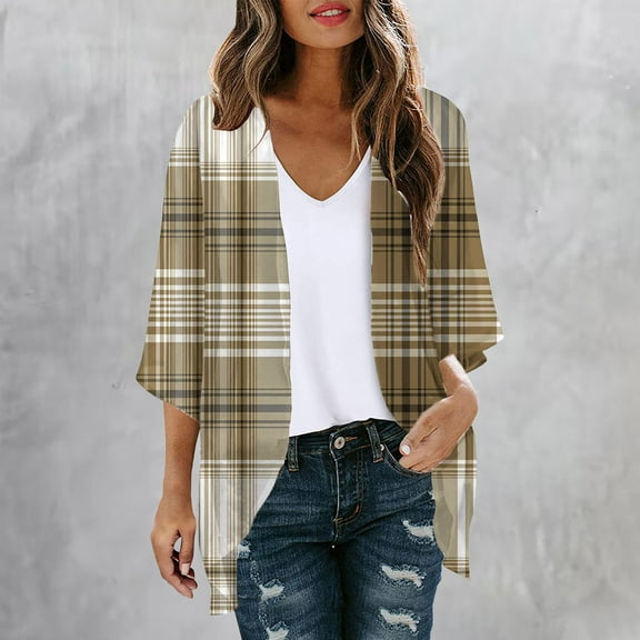 Sakmal Lightweight Women'S Coats Under $10 Elbow-Length Yellow Cover-Up Comfy Flowy Cardigan Plaid Chiffon Jackets for Girls