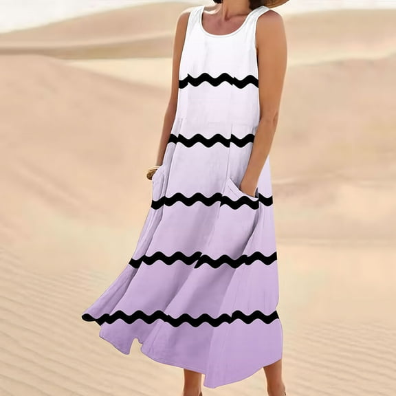 Sakmal Linen Sundresses for Women Purple Long Sundress Dress Sleeveless Tank Dresses with Pockets