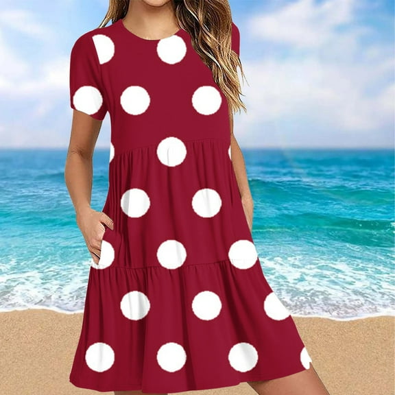 Sakmal Long Casual Summer Dresses for Women Crew Neck Red Loose Fit Polka Dot Short Sleeve Tiered with Pocket Sundress