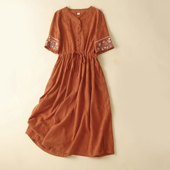 Sakmal Long Dresses for Women 2025 Orange Tshirt Cotton Line Casual Dress Floral Short Sleeve Dresses