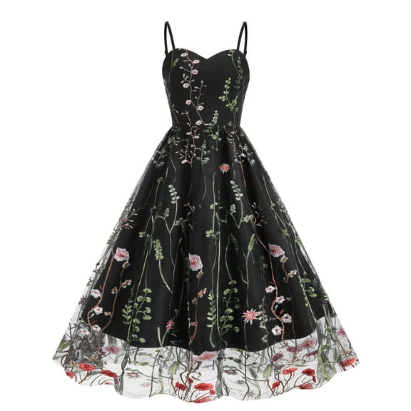 Sakmal Long Dresses for Women Black A Line Ball Gown Mesh Dress Floral Embroidered Dresses for Women